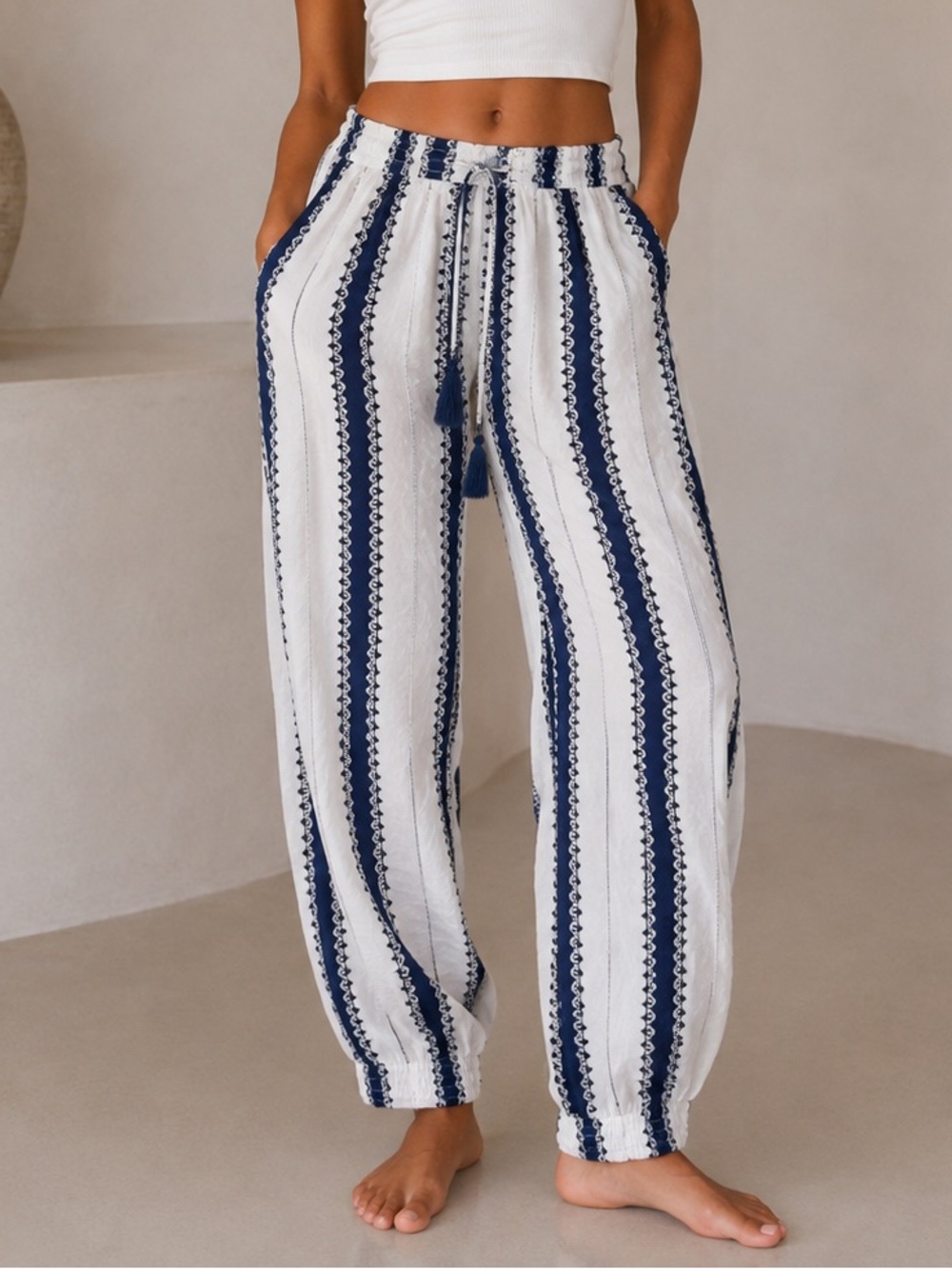 Navy and White Striped Tassel Tie Waist Pants